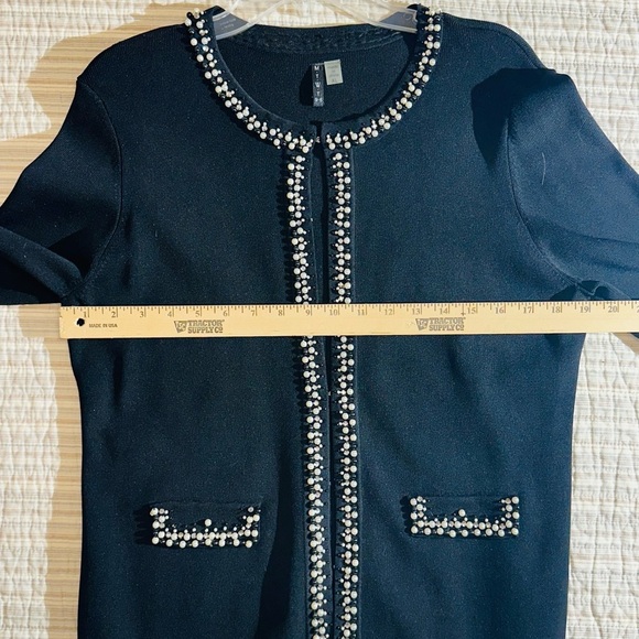 M.T.W.T 9-5 Black Cardigan With Faux Pearl And Gem Accents, Size XL - Picture 6 of 11